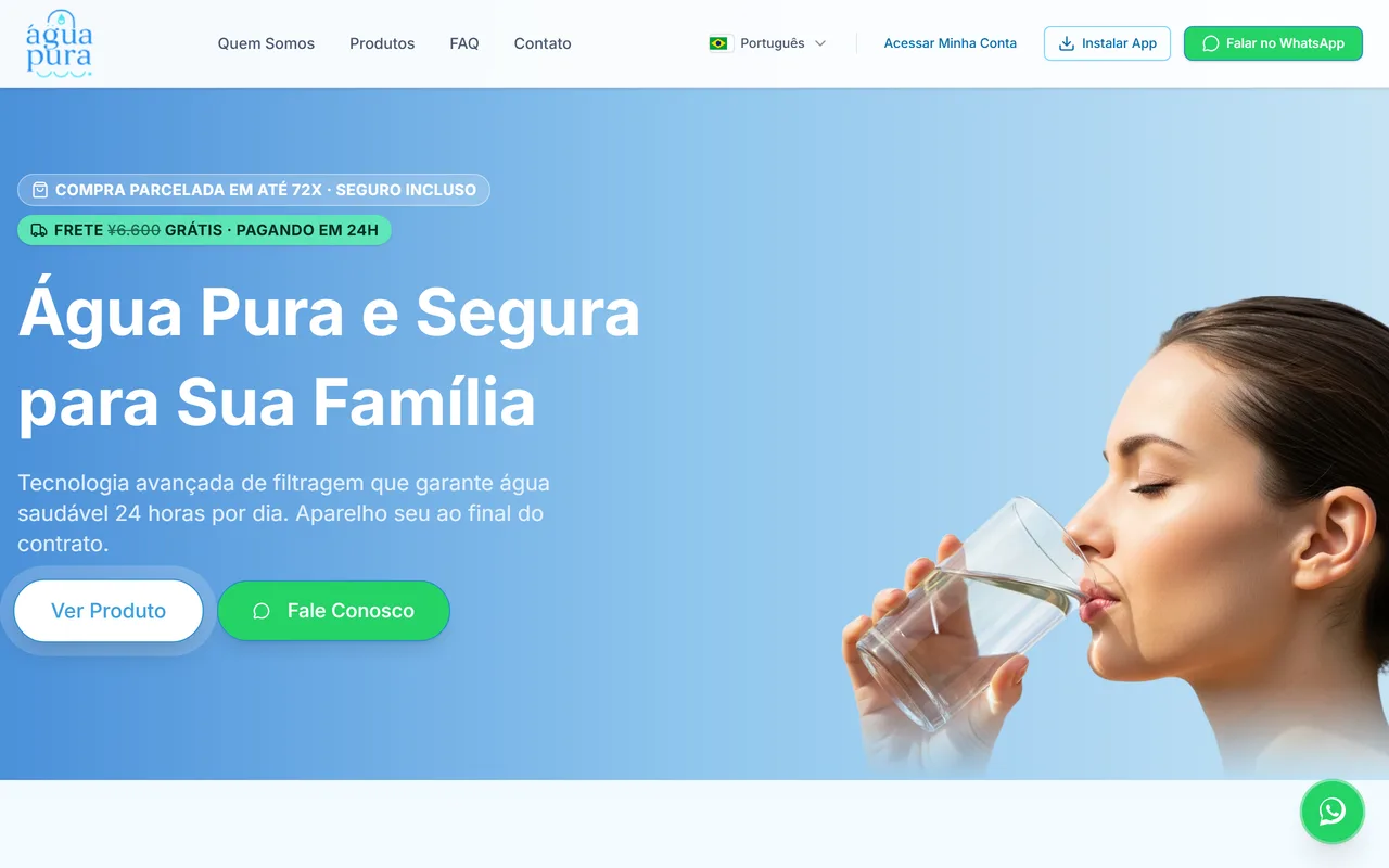 Tela inicial do projeto Água Pura, desenvolvido pela Codelix